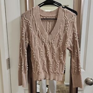Elegant Pearl-Embellished Tan Sweater